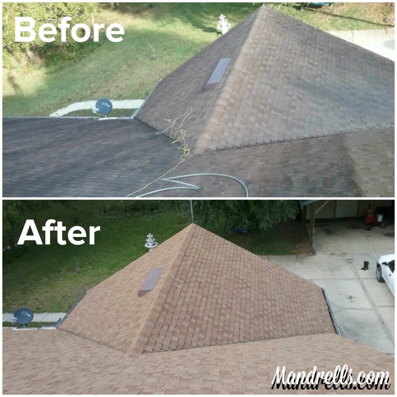 Shingle roof before and after a soft-wash cleaning